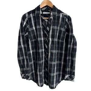 Foxcroft Plaid Button Up Shirt Womens 8 Black Crinkle Low Wrinkle Shaped NWOT